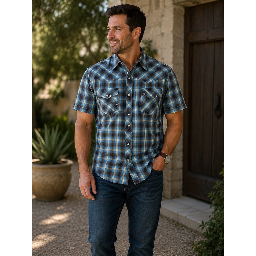 Wrangler Western Fashion Snap Shirt Mens XL Blue Plaid Short Sleeve